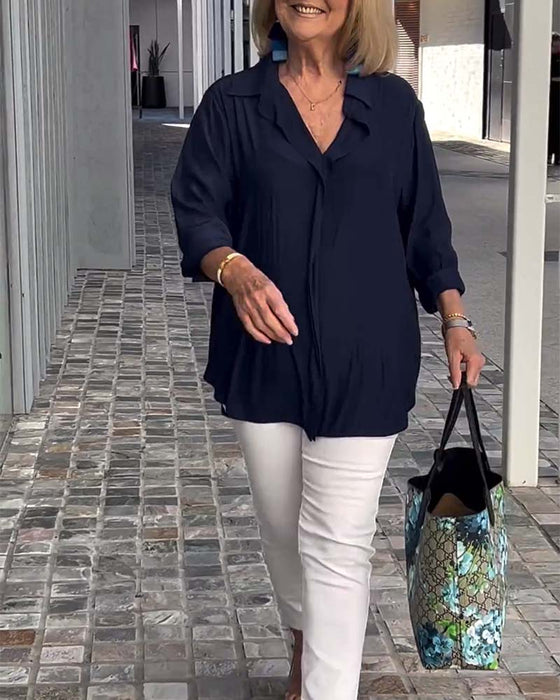 Lapel solid color loose blouse