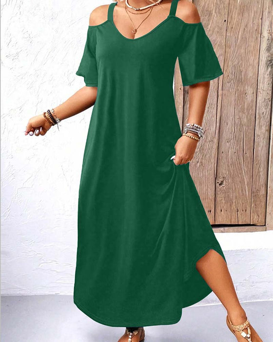 Solid V-Neck Off-Shoulder Long Dress