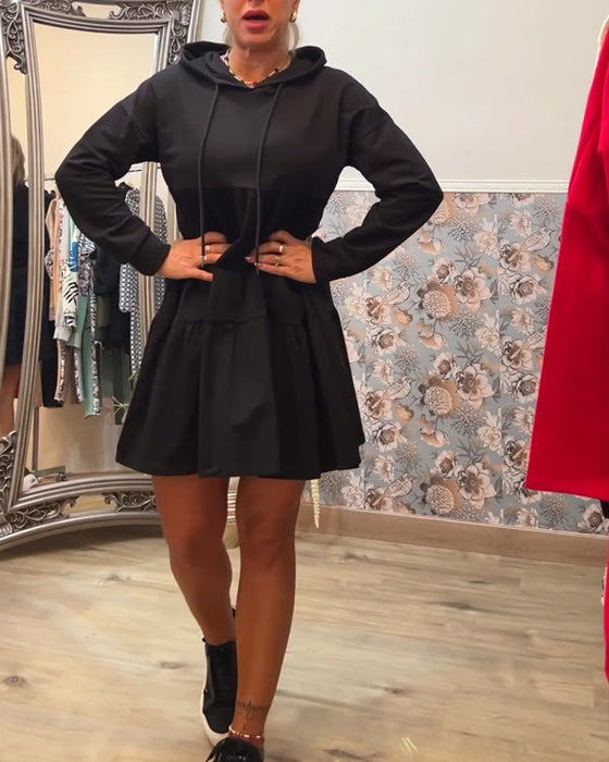 Solid color casual drawstring hooded dress