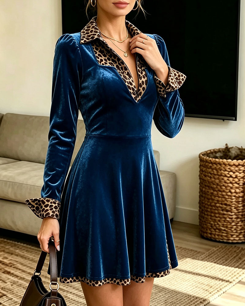 Lapel Leopard A-Line Dress