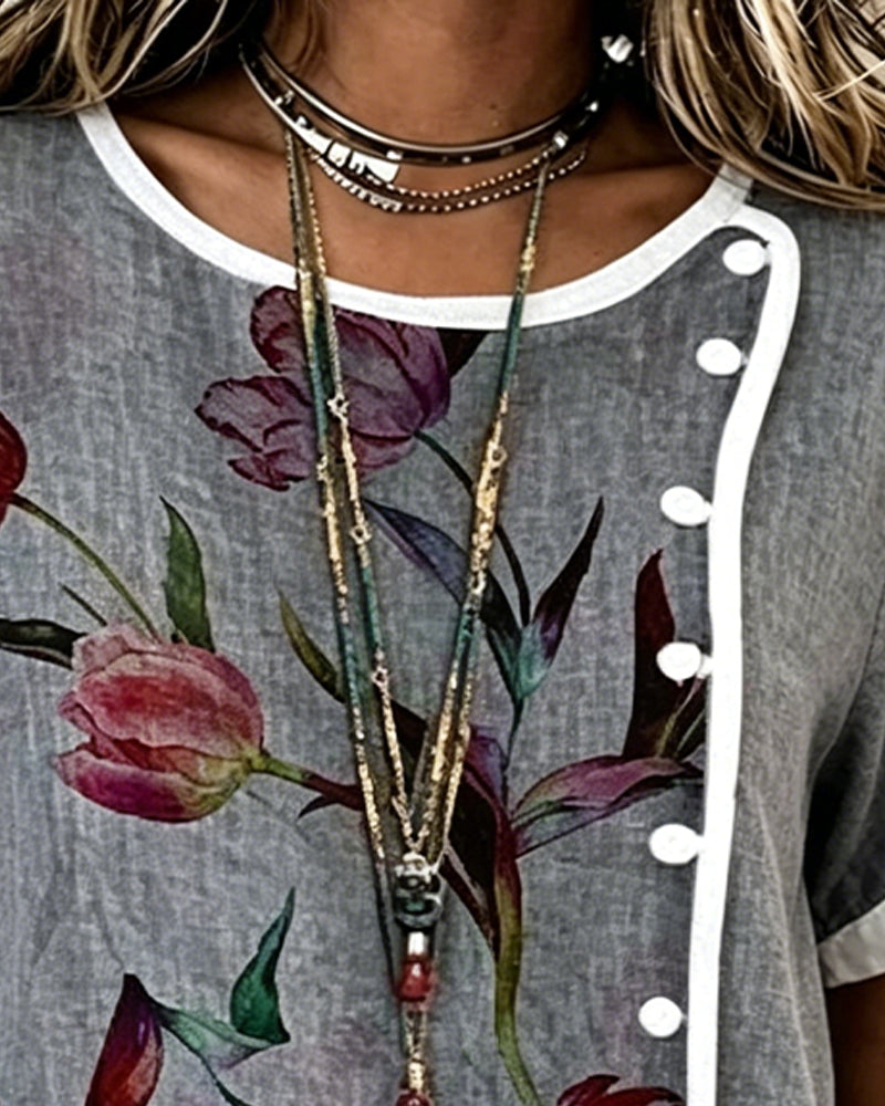 Tulip Print Side-Button Blouse