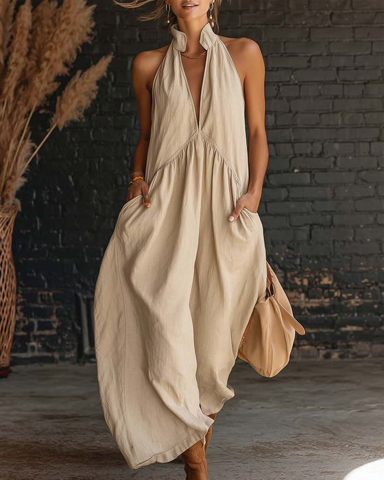 100% Cotton Sleeveless Stand-Collar Solid-Color Maxi Dress