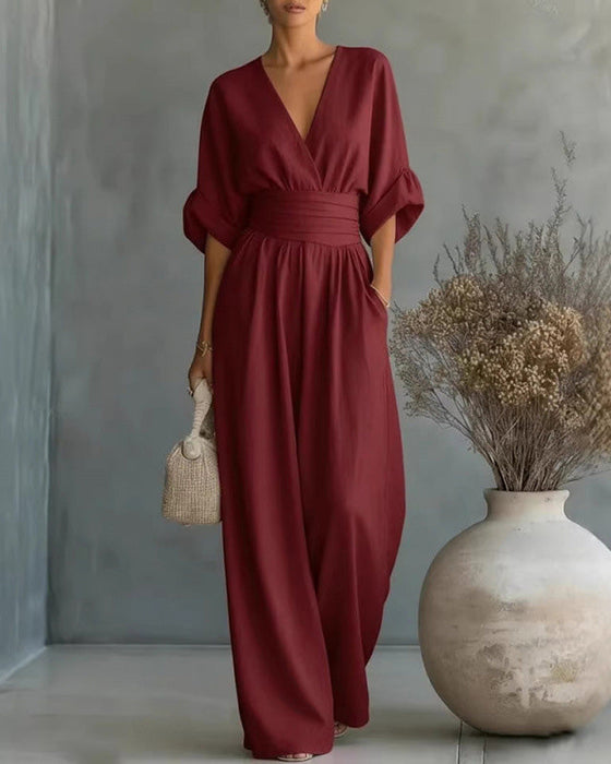 V-Neck Cross Waist-Cinching Wide Leg Jumpsuit