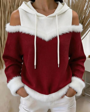 Off-the-Shoulder Faux Fur Trim Hoodie