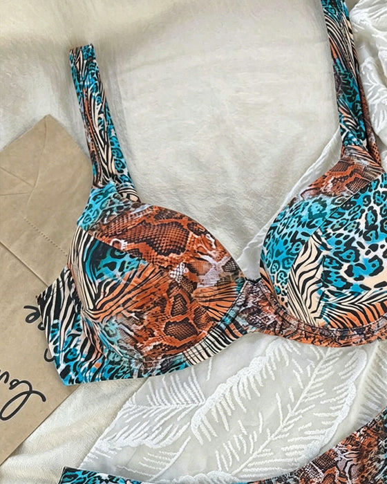 Leopard Print Color Block Strappy Bikini