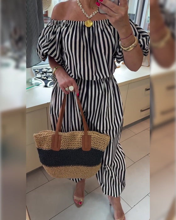 Casual Off Shoulder Striped Jumpsuits
