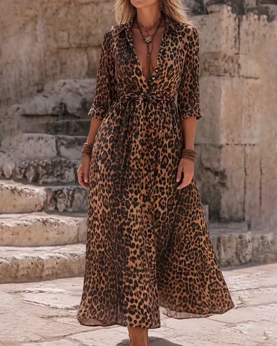 Leopard Print A-Hem Strappy Long Dress
