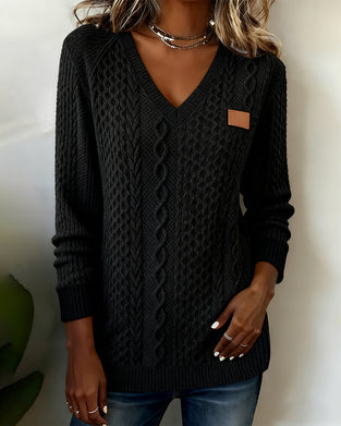 Leather Label V-Neck Long-Sleeve Sweatshirt