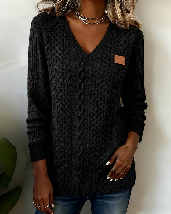 Leather Label V-Neck Long-Sleeve Sweatshirt