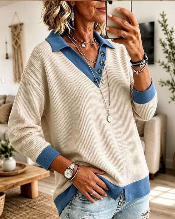 Color-Block V-Neck Casual Top