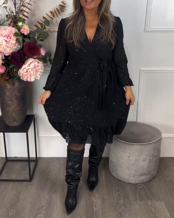 V-Neck Tie-Waist Shimmer Dress