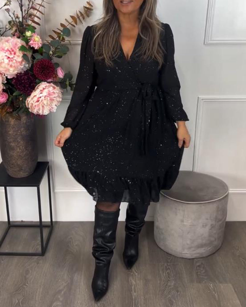 V-Neck Tie-Waist Shimmer Dress