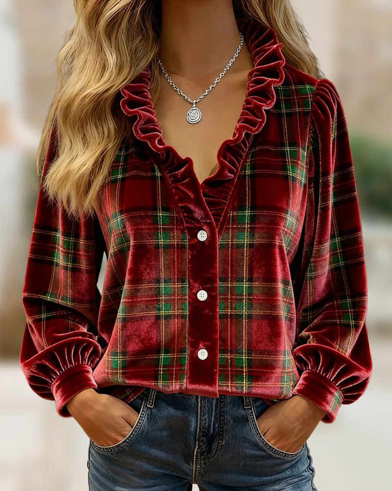 Ruffled V-Neck Velvet Top