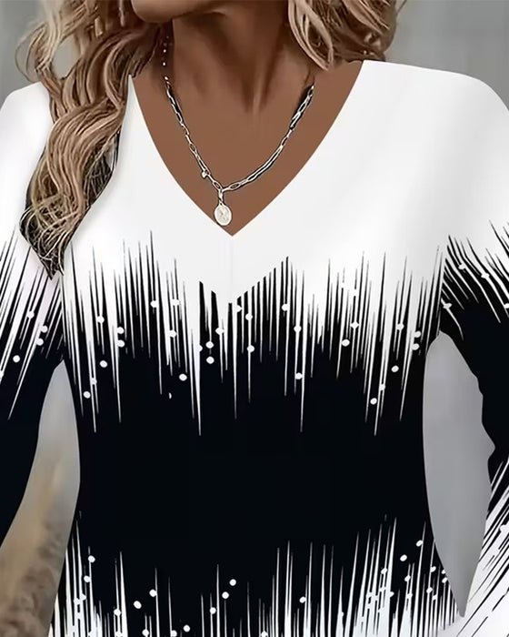 Gradient V-Neck Printed Long-Sleeved Top