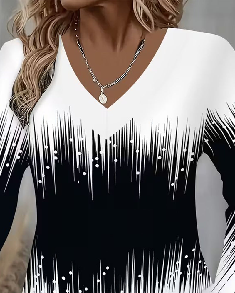 Gradient V-Neck Printed Long-Sleeved Top