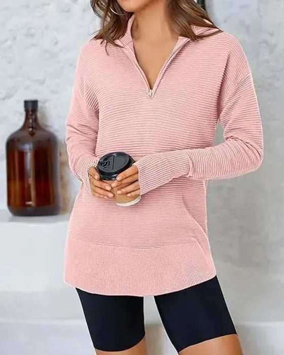 Collared Zipper Striped Long-Sleeve Sweatshirt