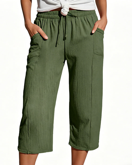 Solid Color Drawstring Wide-Leg Cropped Pants