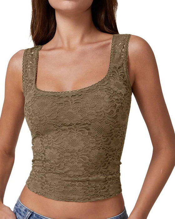 Lace Trim Square Neck Sleeveless Tank Top