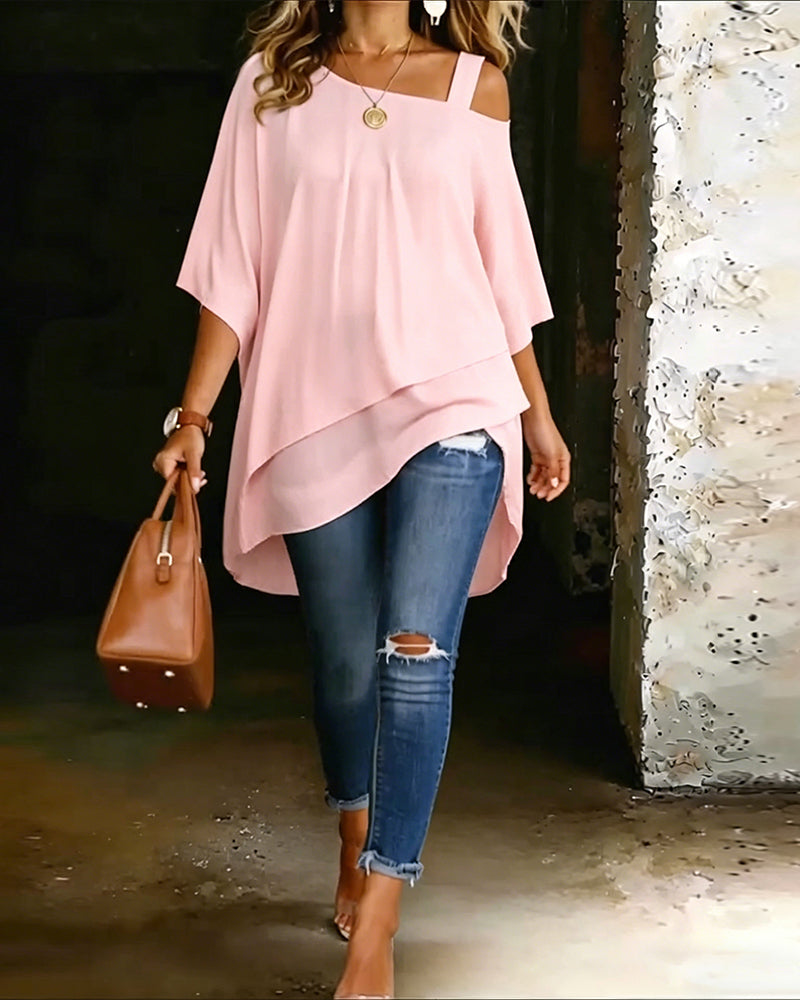 Asymmetric Cold-Shoulder Solid Color Casual Blouse