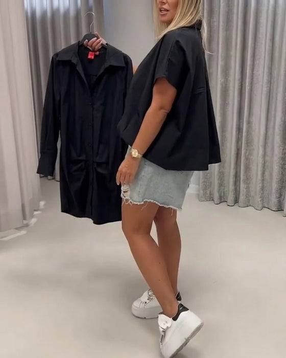 Lapel Loose Fit Batwing Sleeve Blouse