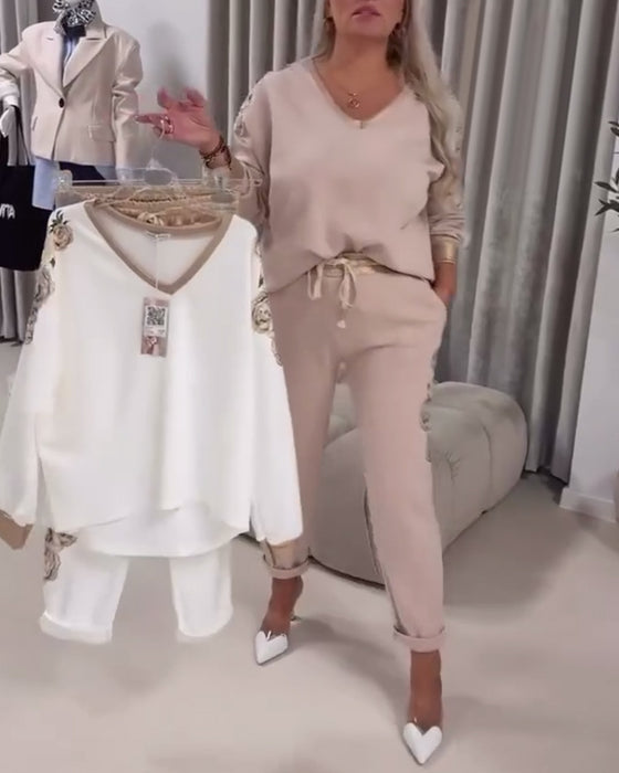 Long Sleeve V-Neck Casual Sweater Suit