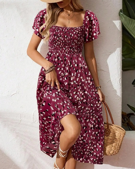 Flutter Sleeve Waist-Cinching Pleated A-Line Dress