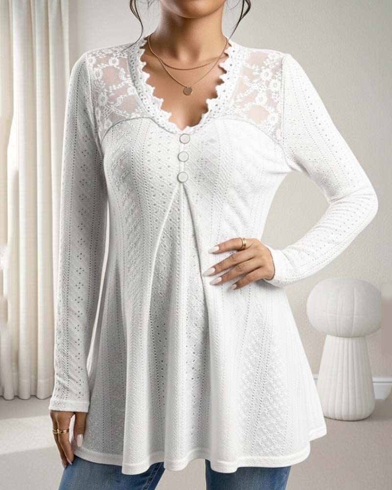 Lace Panel V-Neck Button-Down Top