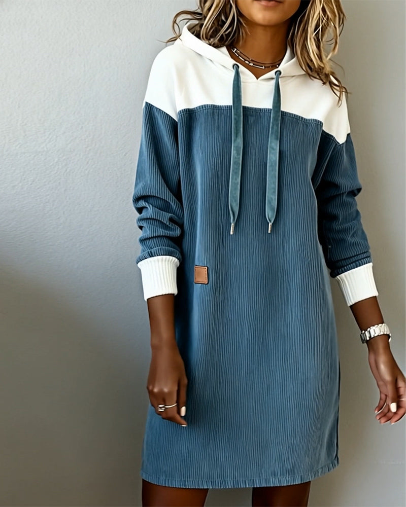 Hooded Color-Blocked Corduroy Dress