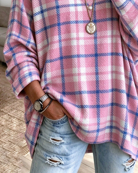V-Neck Plaid Contrasting Loose Top