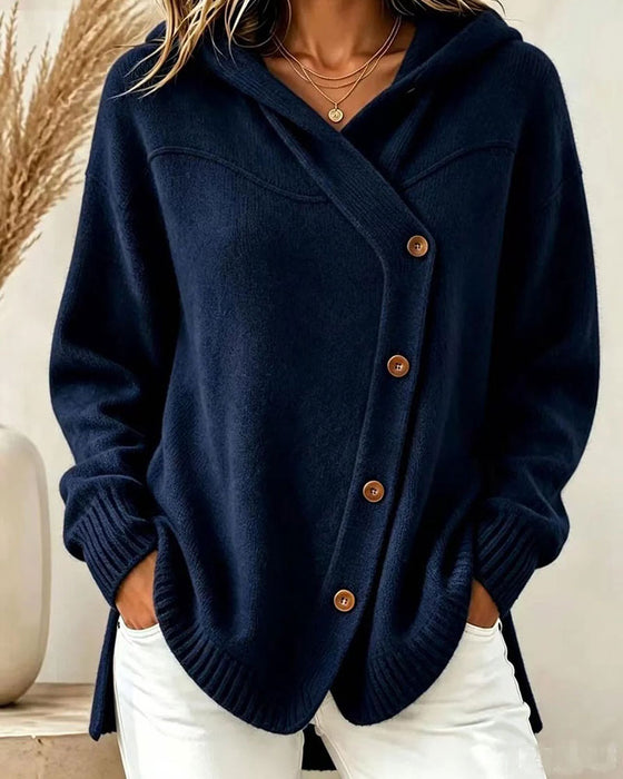 Buttoned Long Sleeve Hooded Pullover