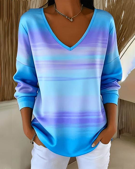 V-Neck Long Sleeve Ombre Sweatshirts