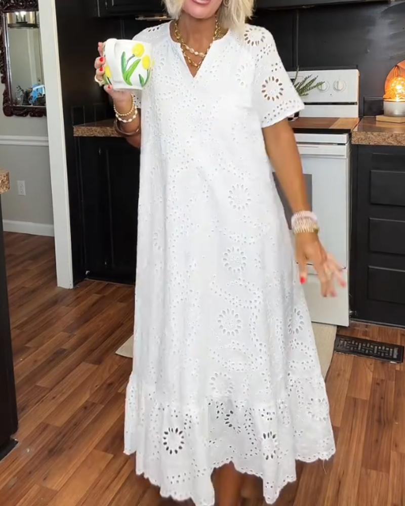 V-Neck Openwork Ruffle Dress