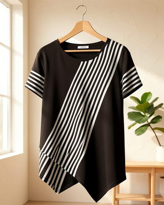 Diagonal Stripe Patchwork Crew Neck T-Shirt