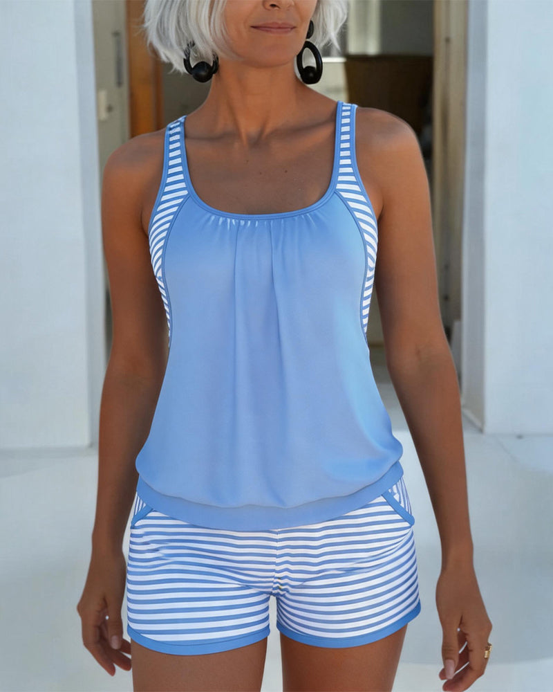 Blue and White Stripe Patchwork Tankini