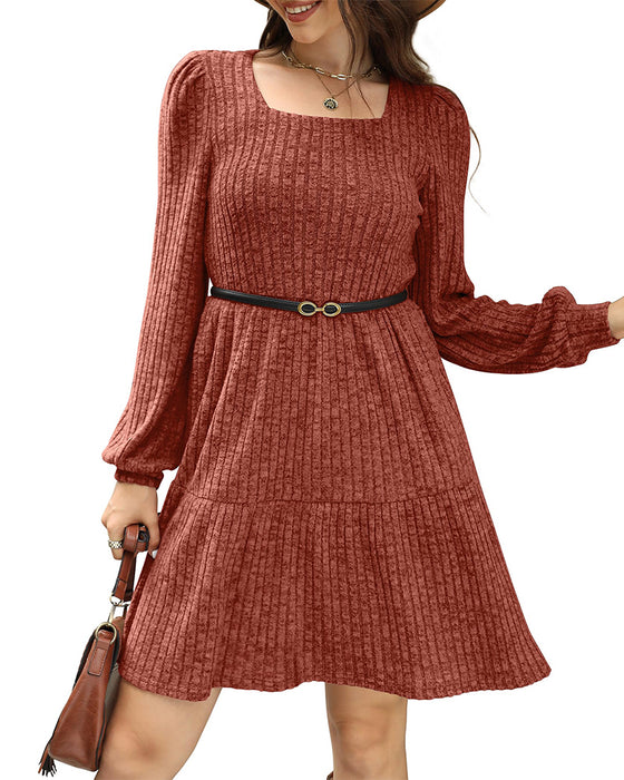 🍂2025 Autumn New Style⏰Women's Square Neck Lantern Sleeve Ribbed Dress