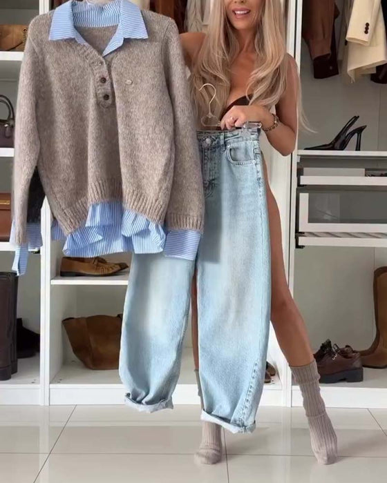 Long-Sleeved Button-Down Collar Jumper