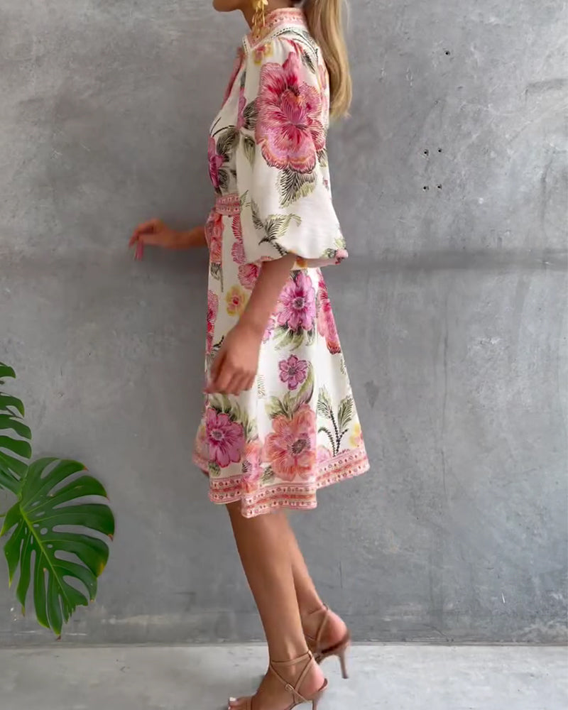 French Lantern Sleeve Notched Collar Printed Dress