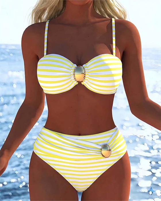 Spaghetti Straps Striped Plastic Button Bikini