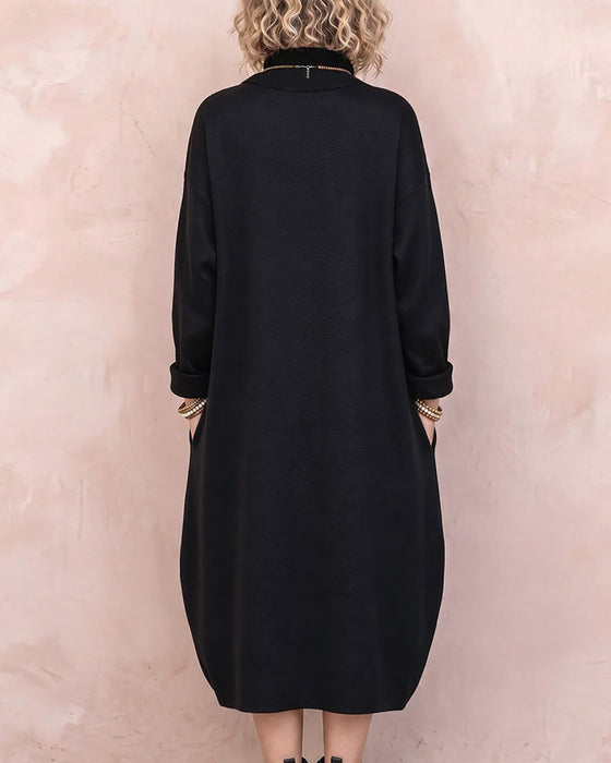 Patchwork Polka Dot Striped High Neck Long-Sleeve Dress