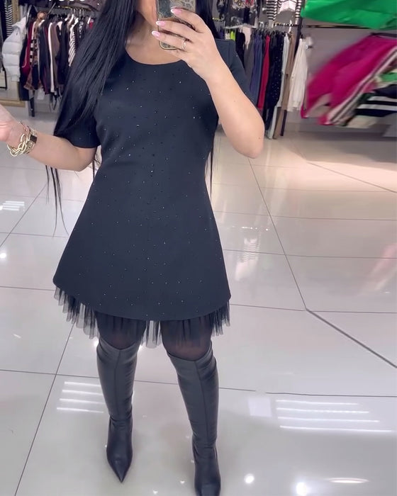 Short-Sleeved Mesh Skirt Beaded Stitching Dress