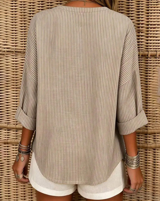 V-Neck Stripe Irregular Long Sleeve Top