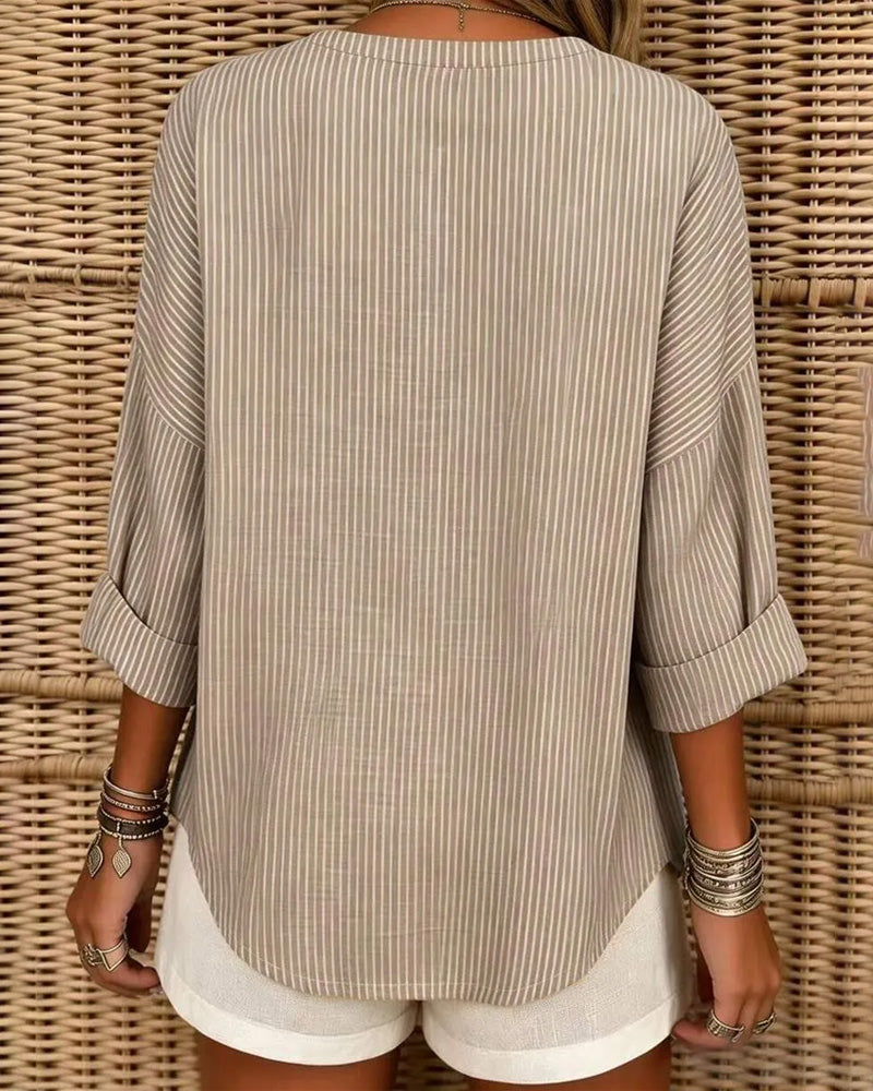 V-Neck Stripe Irregular Long Sleeve Top