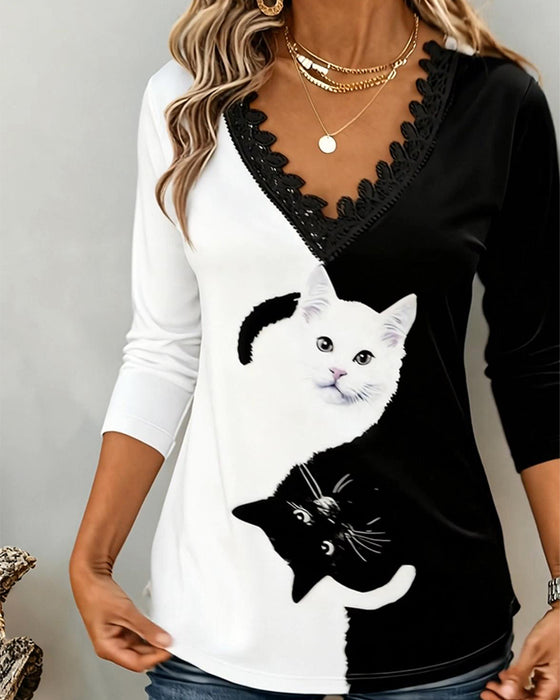 Long-Sleeved V-Neck Printed Top