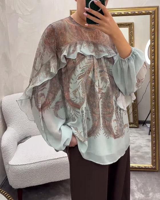 Elegant Printed Ruffled Round Neck Blouse