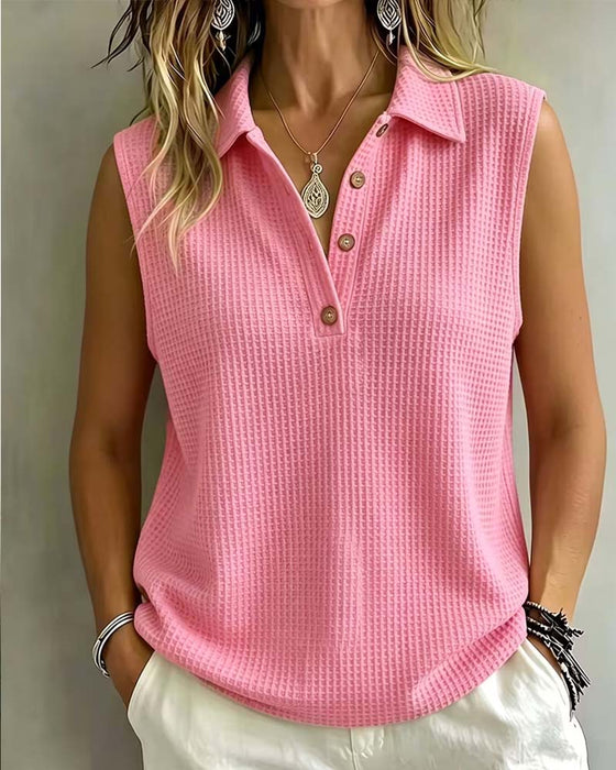 Sleeveless Polo Collar Waffle Tank Top