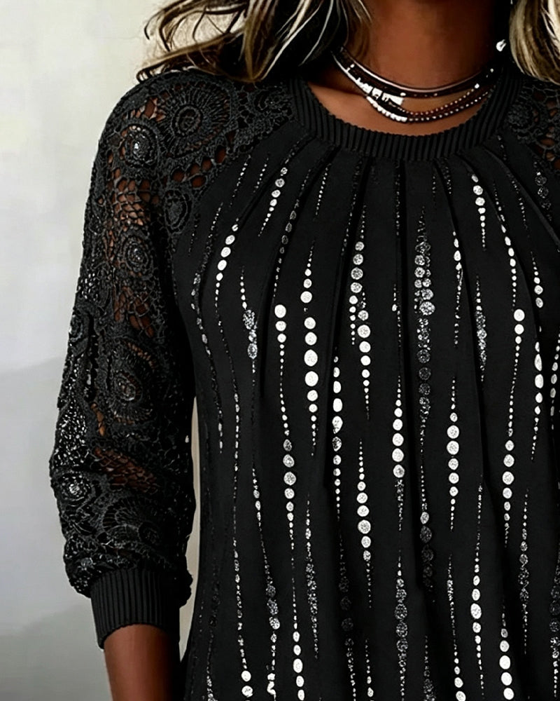 Round Neck Shirred Lace Polka Dot Top