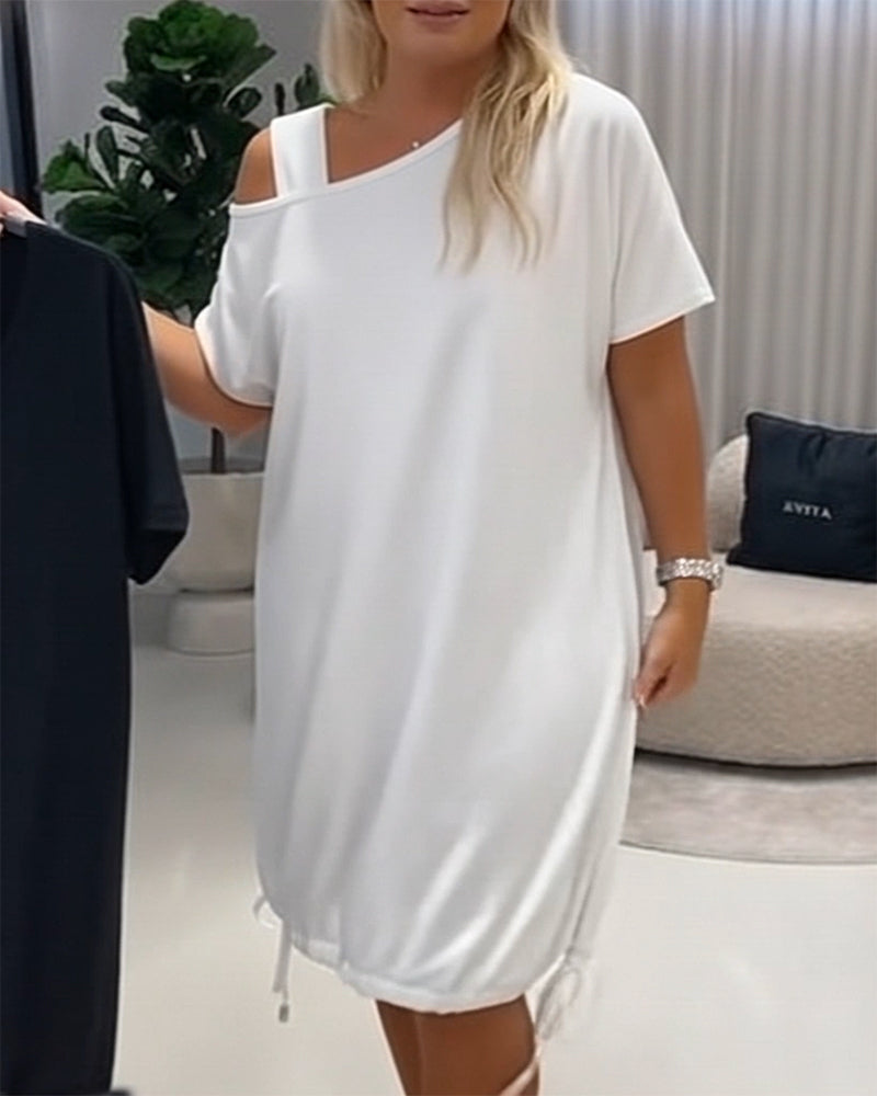 Solid Color Off-Shoulder Drawstring Casual Dress