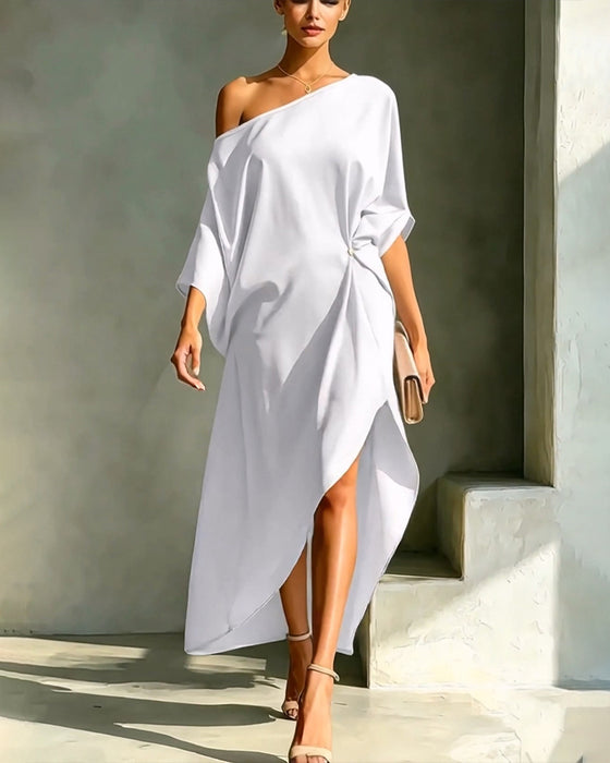 Off-Shoulder Shirred Irregular Solid Dress