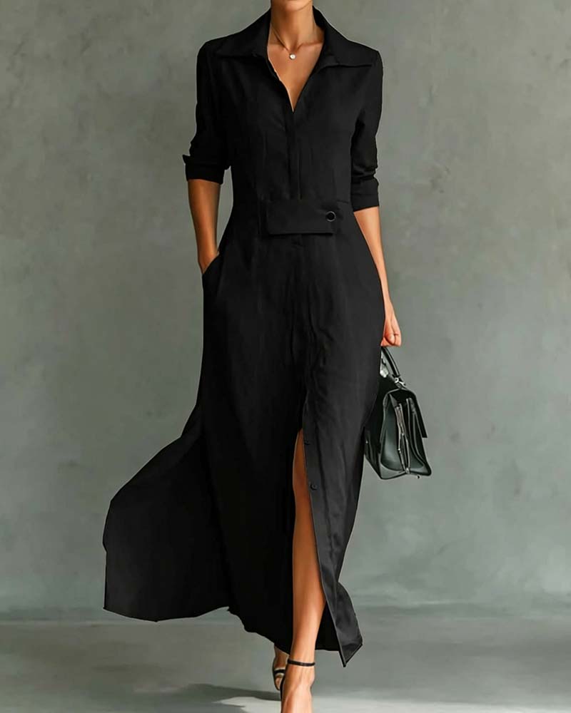 Lapel Solid Color Dress