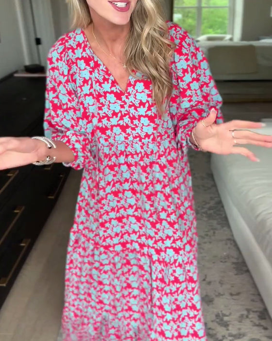 V-neck lantern sleeve floral long dress